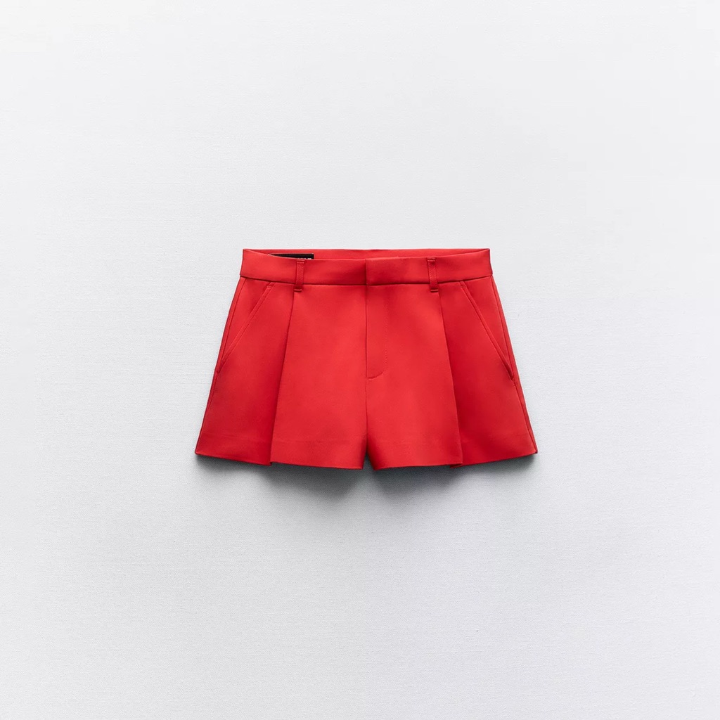 Zara Red High Waist Shorts With Flared Pleats